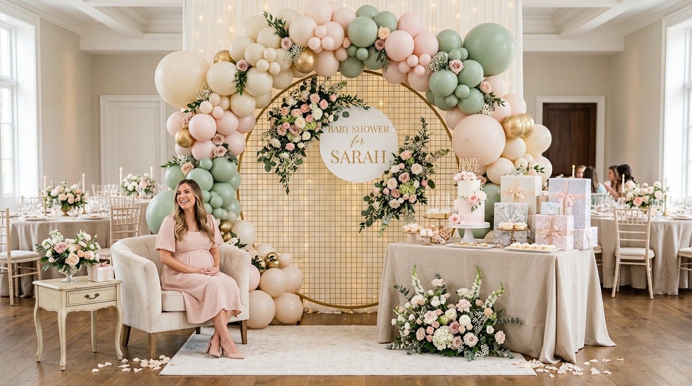 A pastel balloon arch and photo corner set for a baby shower