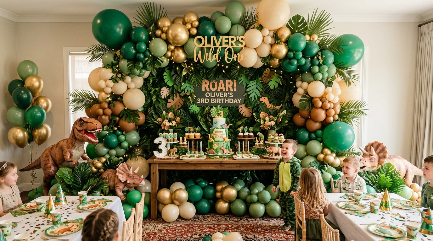 A jungle-themed birthday corner with balloon animals and a photo backdrop