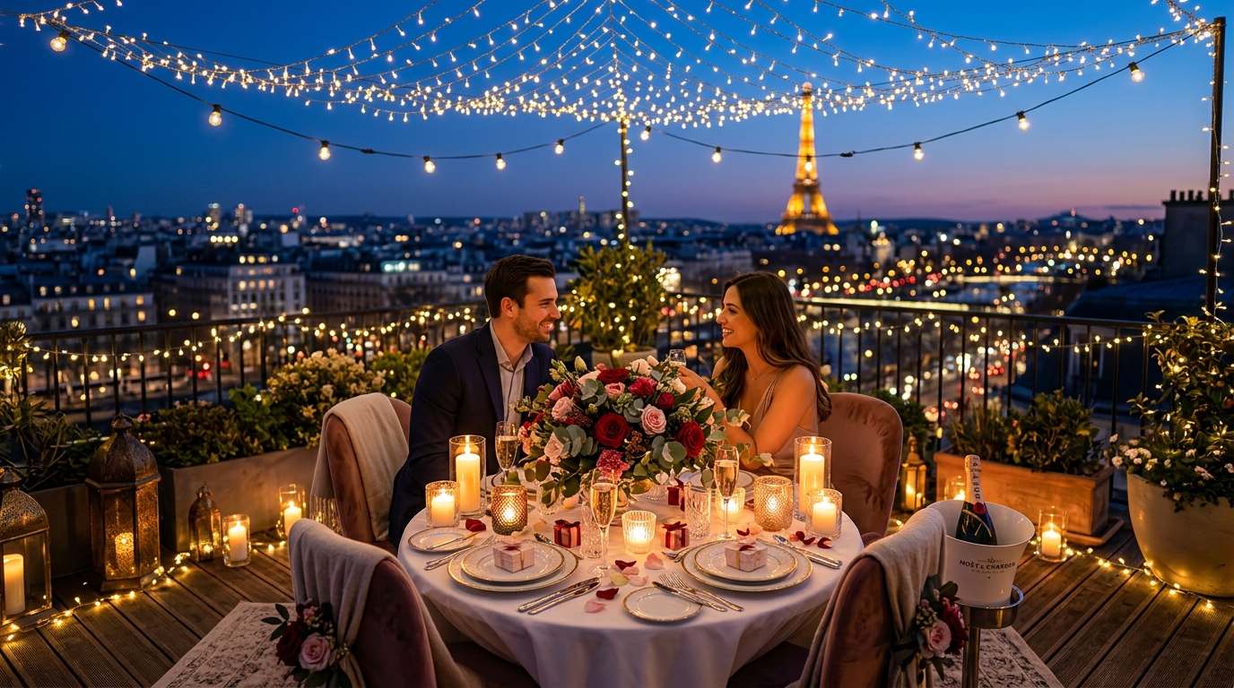 A candlelit table for two set up on a terrace at dusk