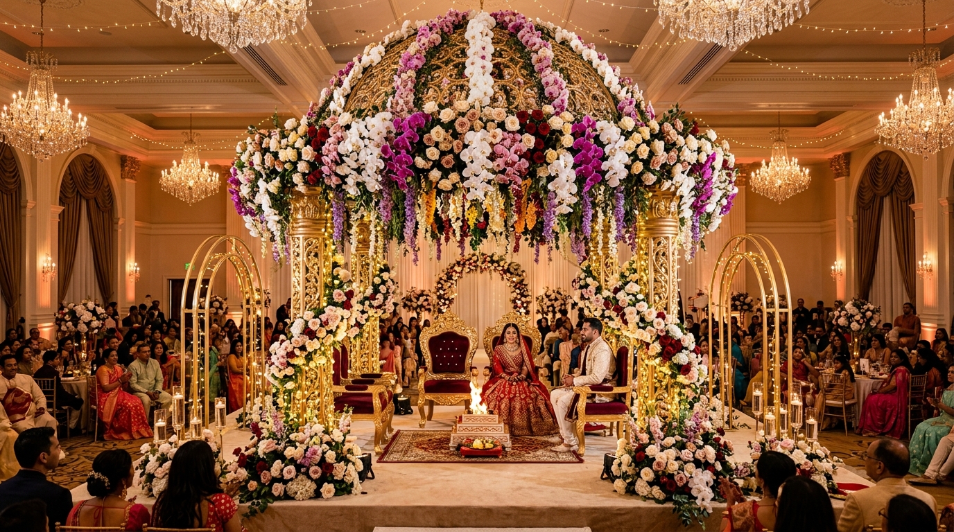 Decorators assembling a floral wedding stage in a banquet hall